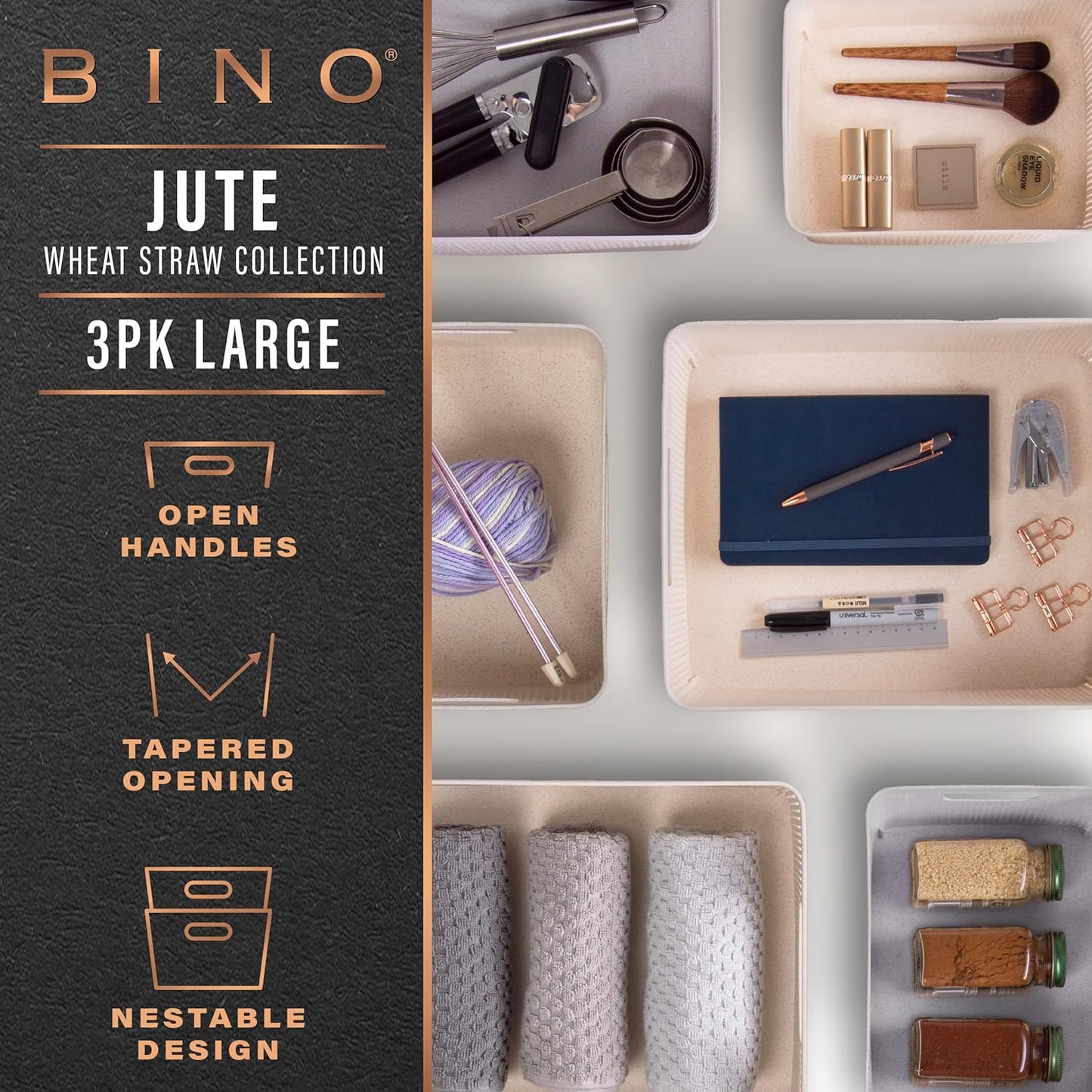 BINO | Woven Plastic Basket | Large (Natural Grey), 3-Pack | THE JUTE COLLECTION | Home