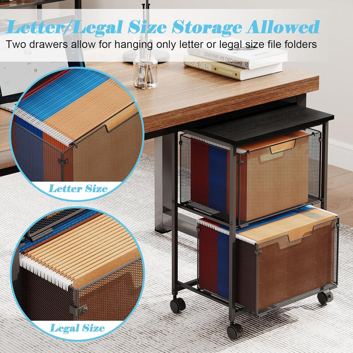 Letter/Legal Rolling File Cart with 2 Storage Drawers, Under Desk Storage, Vertical Filing Cabinet