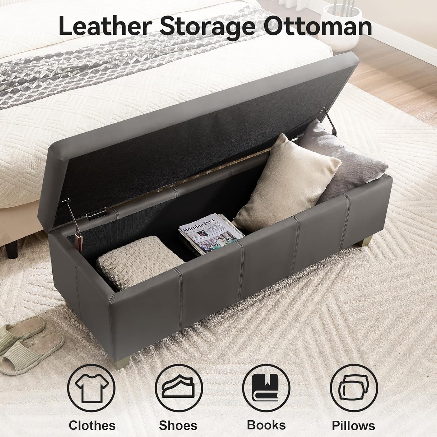 41" Faux Leather Storage Ottoman, Stitch Tufted Rectangle Upholstered End of Bed Storage Bench