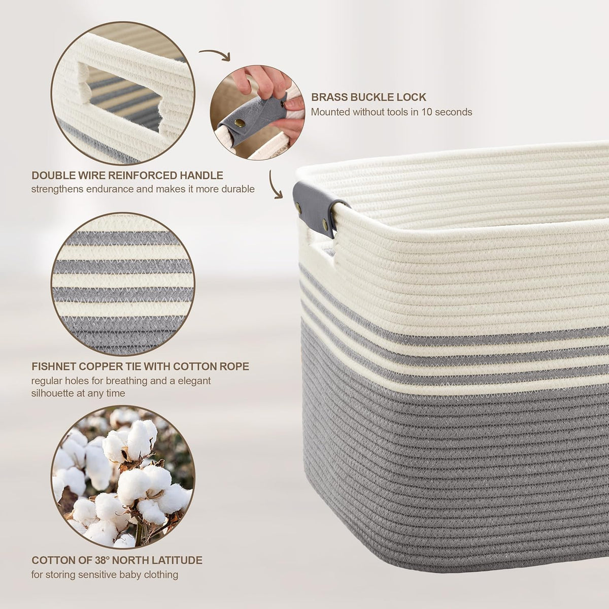 60L Large Laundry Basket with Leather Handles for Living Room Storage, Woven Rope Baskets Bin for