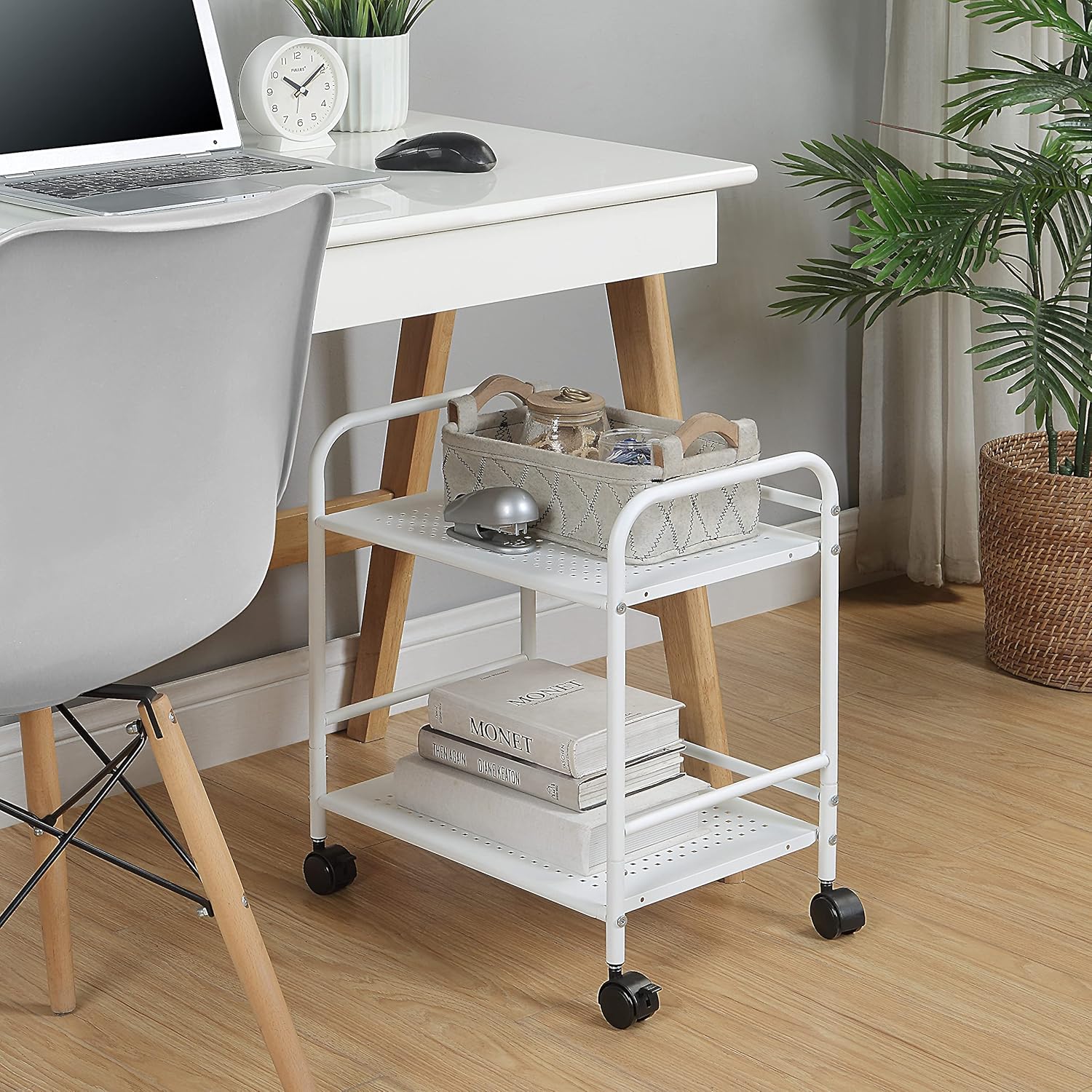SunnyPoint 2-Tier Metal Rolling Utility Cart – Mobile Storage Shelf with Caster Wheels – Small