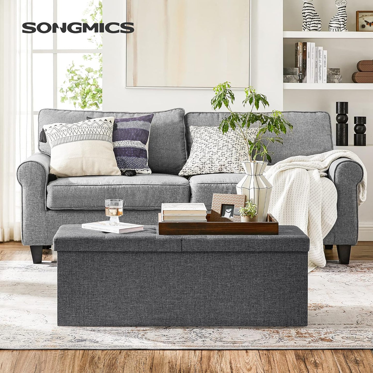 SONGMICS MAZIE Collection - 43 Inches Storage Ottoman, Foldable Storage Bench with Flipping Lid