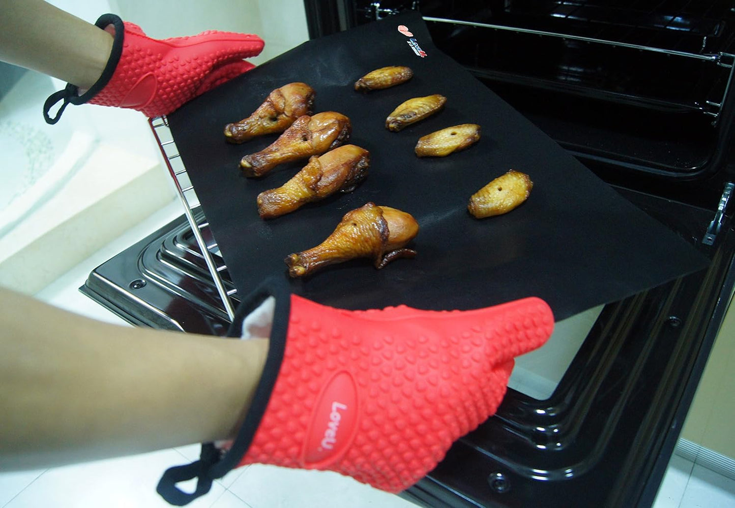 Kitchen Oven Gloves - Dual-Layer Heat Resistant Grilling Gloves, Silicone Oven Mitts with 5