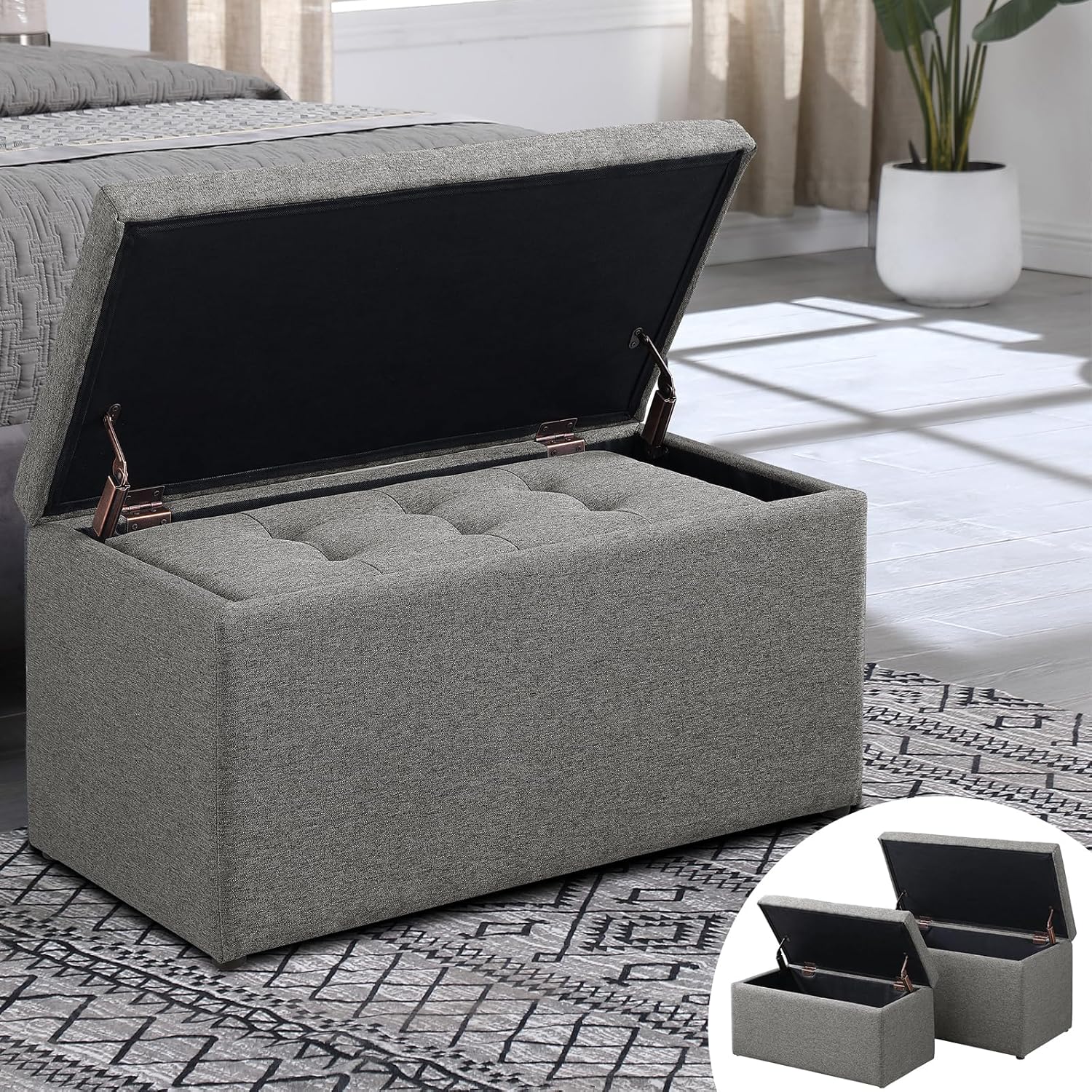 Storage Ottoman Bench with 2.56-inch Thick Seat, 31.5 inch Nesting Ottoman Set of 2, Hinged Flip