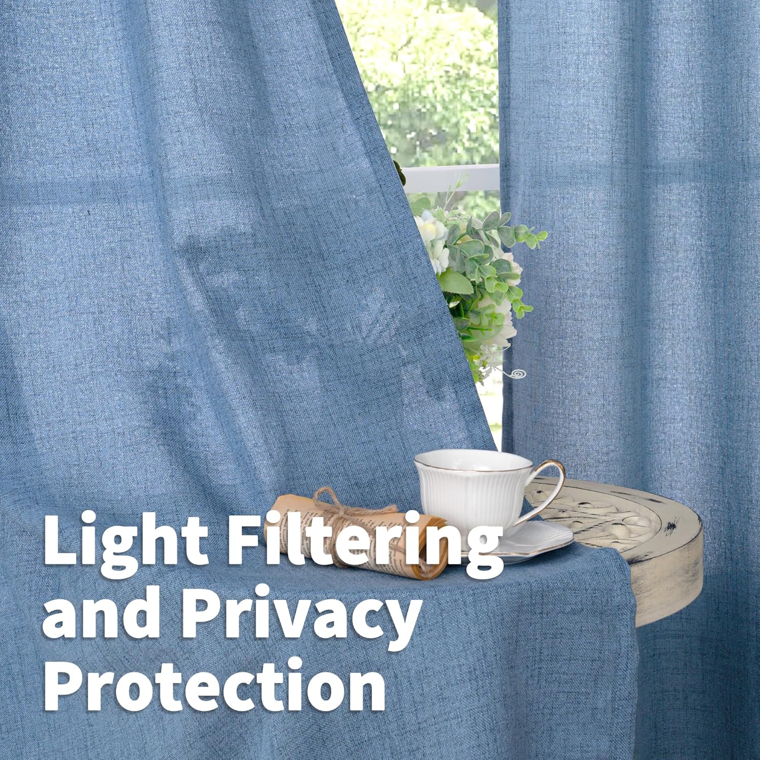 YoungsTex Denim Blue Linen Curtains 54 Inch Length for Short Windows, Semi Sheer Drapes Light