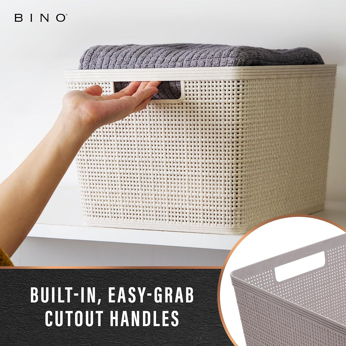 BINO | Woven Plastic Basket | Large (Natural Grey), 3-Pack | THE JUTE COLLECTION | Home