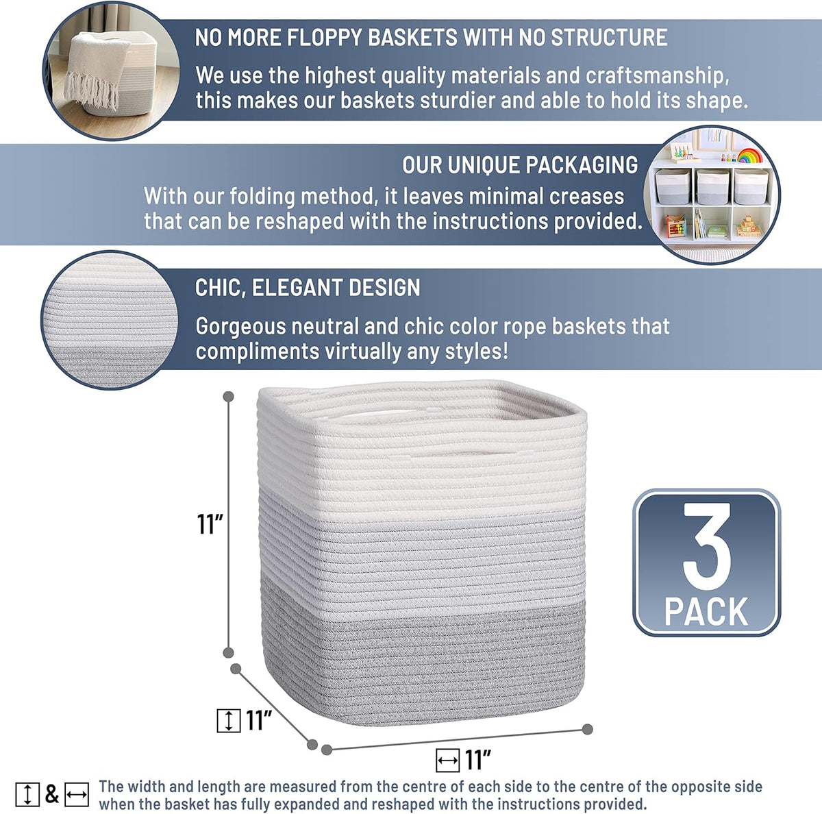 NaturalCozy Storage Cubes 11 Inch Cotton Rope Woven Baskets for Organizing, 3-Pack | Cube Storage
