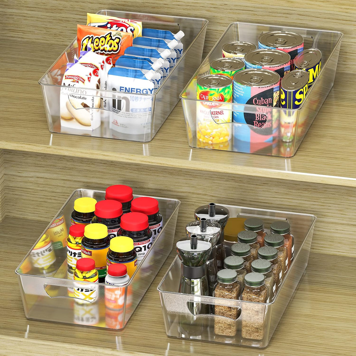 Simple Houseware 4 Pcs Kitchen Clear Bin Storage Organizer, 15" x 8" x 3.75"