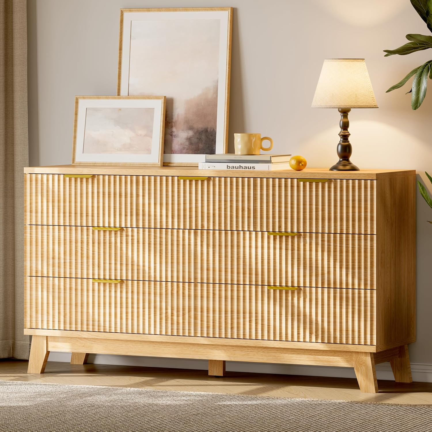 Fluted Dresser with 7 Drawers, 58" Wide Modern Chest of Drawers with Metal Handle, Wooden Dresser