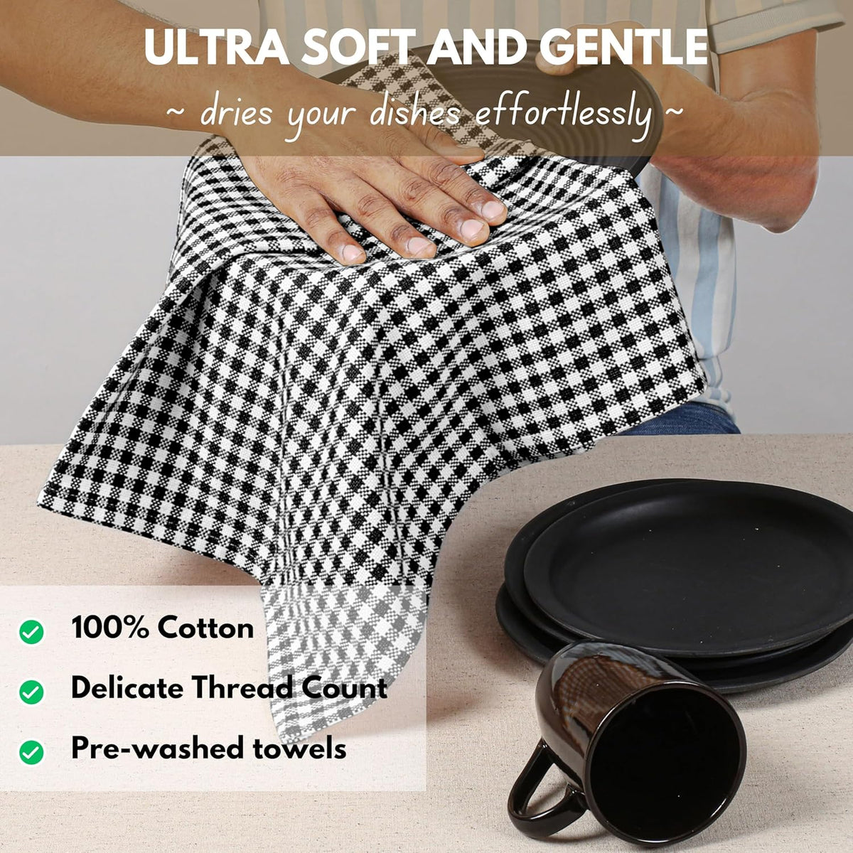 Native Fab Black Gingham Dish Towels 16"x26" Set of 12 - Cotton Mini Check Plaid Towels, Soft