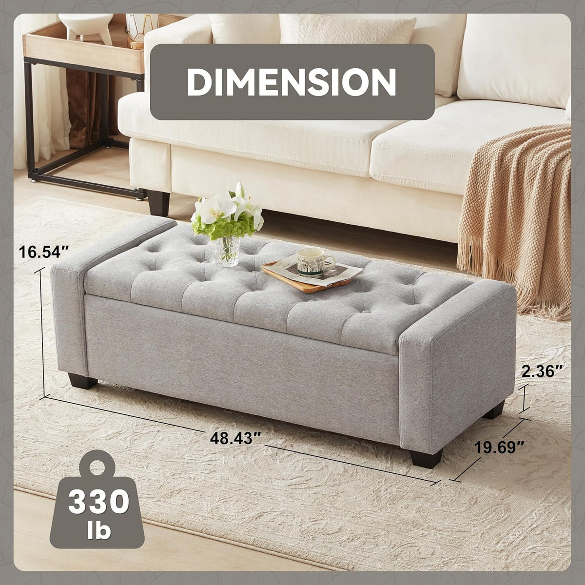 48" Ottoman with Storage, Large Storage Ottoman Bench for Bedroom with Safety Hinge, Upholstered