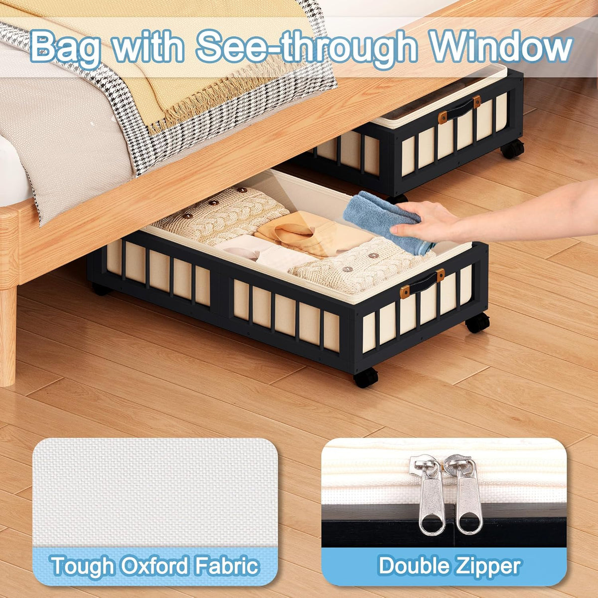 efluky 2-Pack Bamboo Under Bed Storage Containers with Wheels, Under Bed Clothes Storage Basket