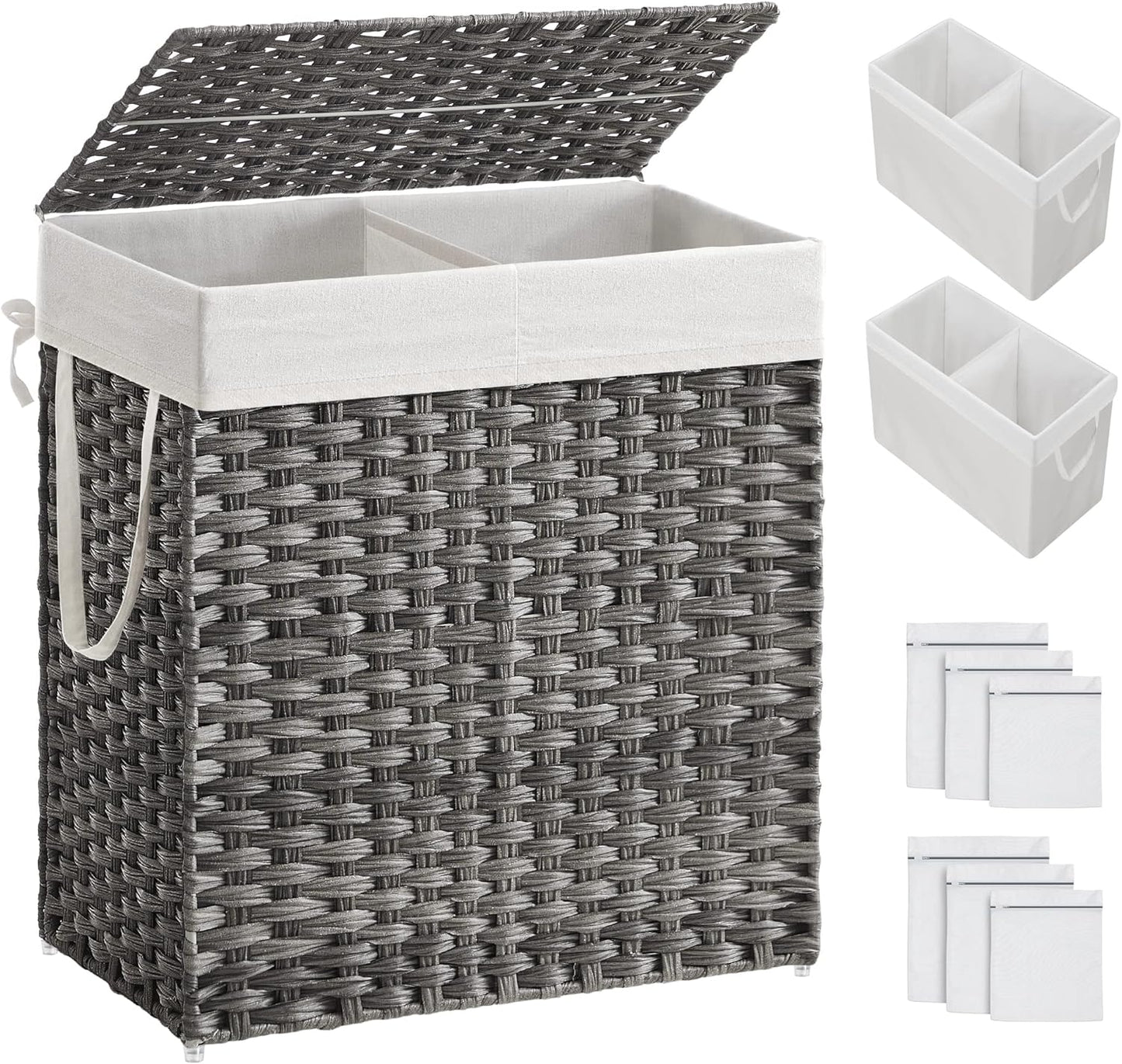 SONGMICS Laundry Hamper with Lid, 110L Clothes Hamper with 2 Removable Liner Bags, 6 Mesh Bags