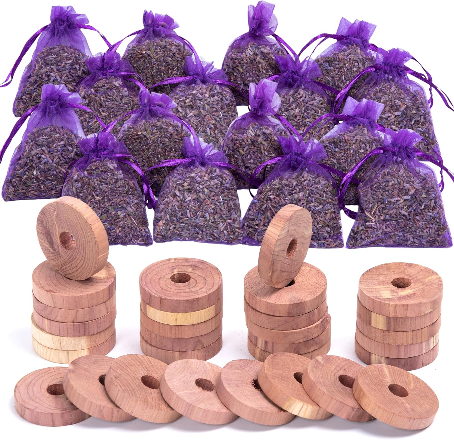 Pack of 30 Cedar Blocks and 16 Lavender Flower Sachets Craft Bag, Drawer Freshener, Linen, Shower