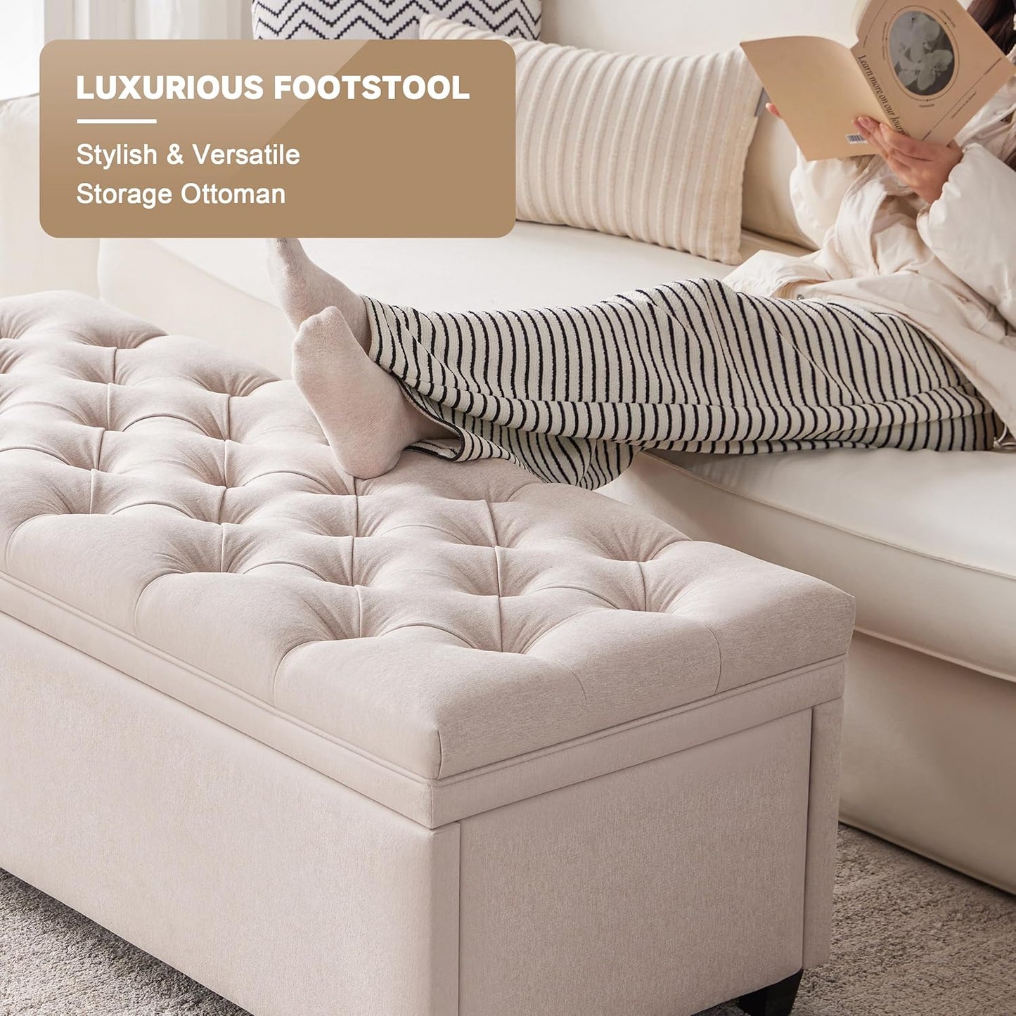 50" Storage Ottoman Bench, Tufted Ottoman with Storage for Living Room, Large End of Bed Ottomans