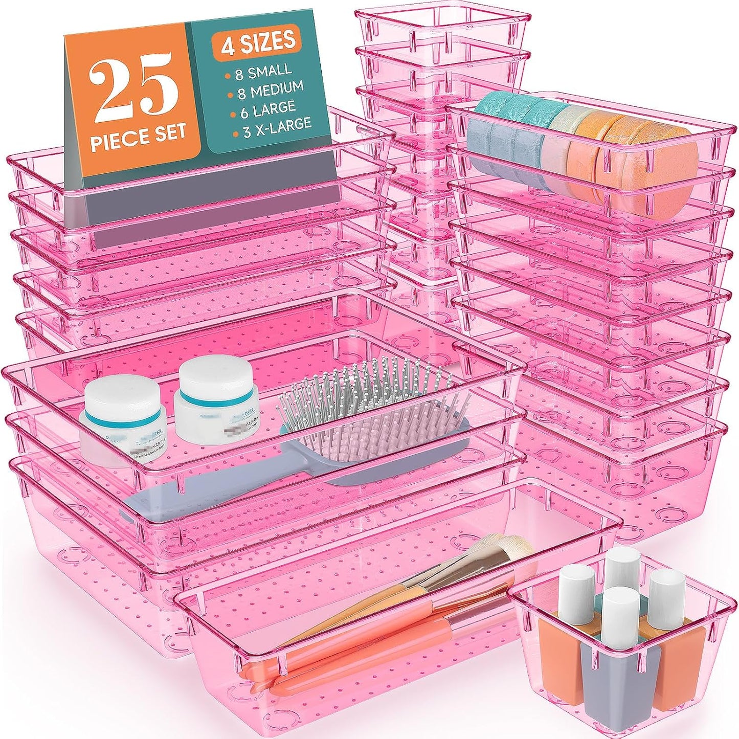 WOWBOX 25 PCS Plastic Drawer Organizer Set, 4 Sizes Desk Drawer Divider Organizers and Storage Bins
