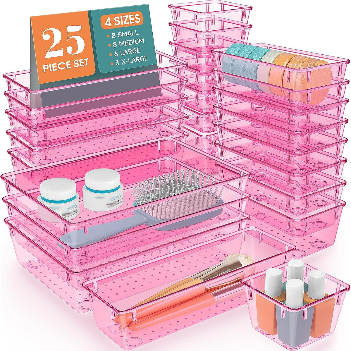 WOWBOX 25 PCS Plastic Drawer Organizer Set, 4 Sizes Desk Drawer Divider Organizers and Storage Bins
