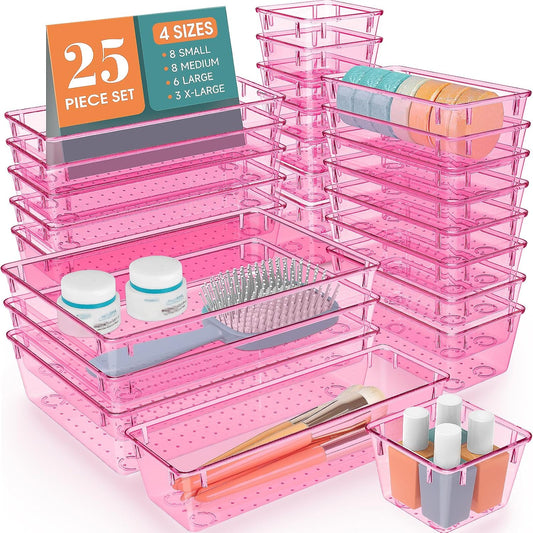 WOWBOX 25 PCS Plastic Drawer Organizer Set, 4 Sizes Desk Drawer Divider Organizers and Storage Bins