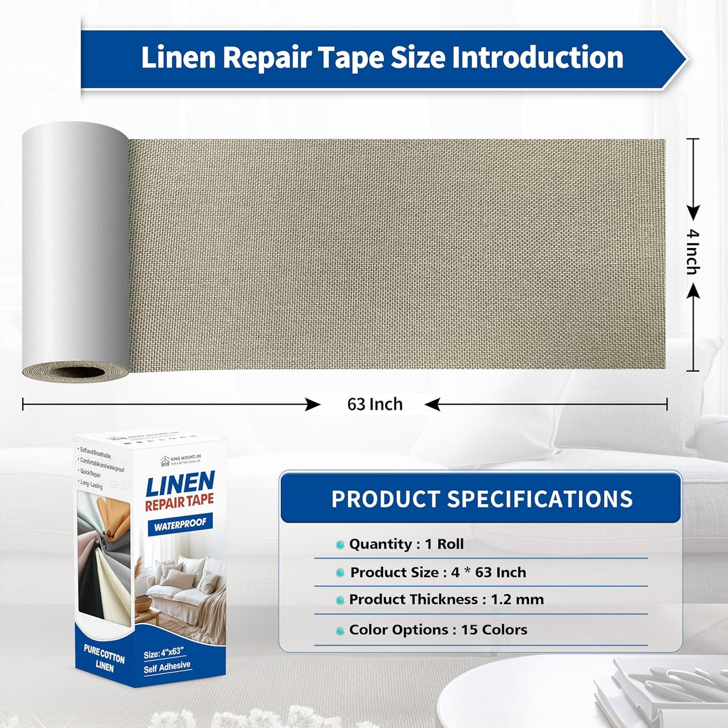 KING MOUNTAIN Linen Repair Patches, Self-Adhesive Fabric Patches, 4 X 63 inch Extra Size, Multi