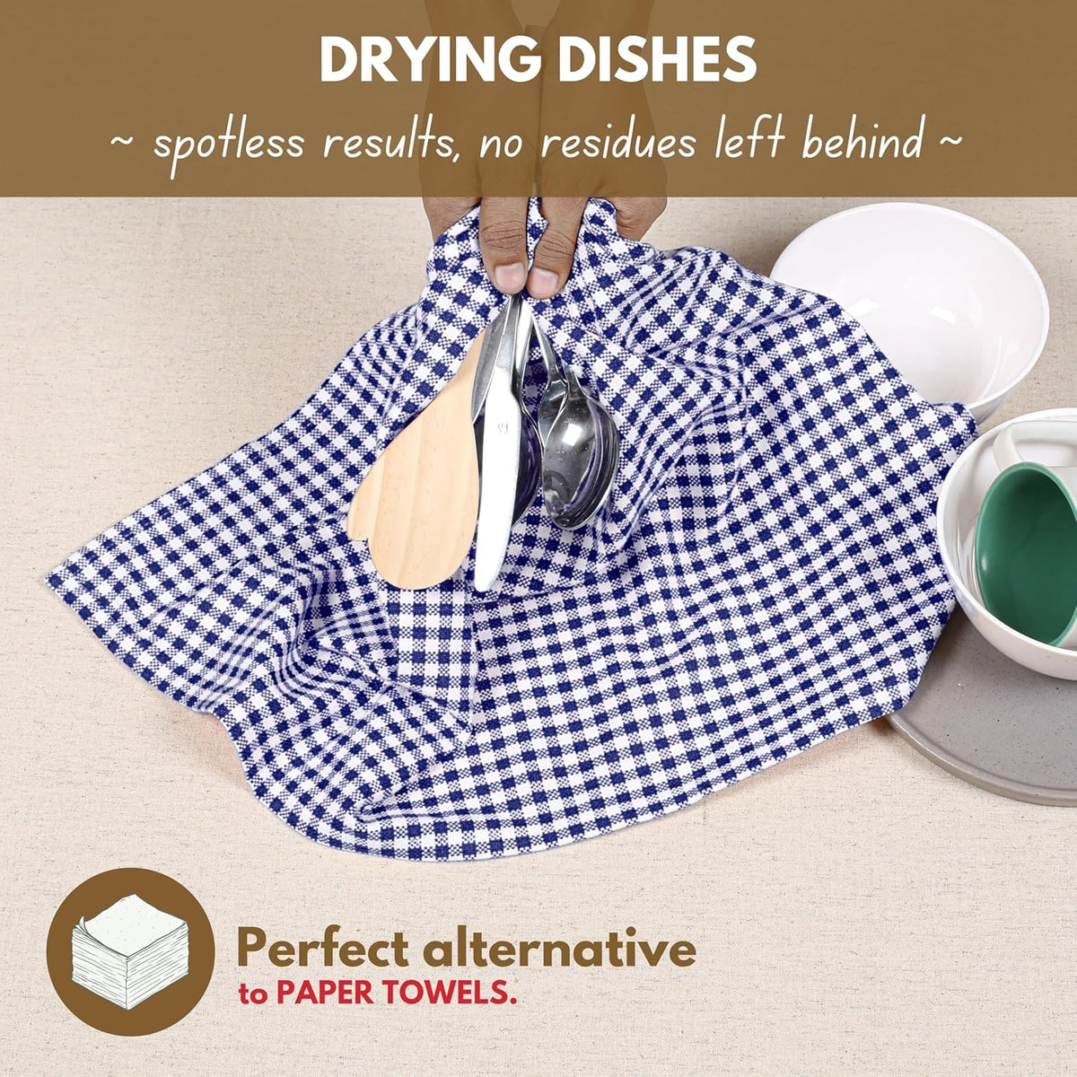 Native Fab 12 Pack Gingham Mini Check Kitchen Dish Towel Cotton Durable Washable 16"x26" - Tea