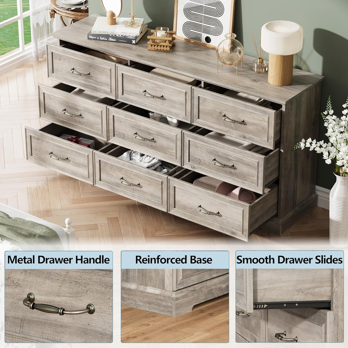 9 Drawer Dresser for Bedroom, 63" Wide Wooden Chest of Drawers, Rustic Farmhouse Dresser with Large