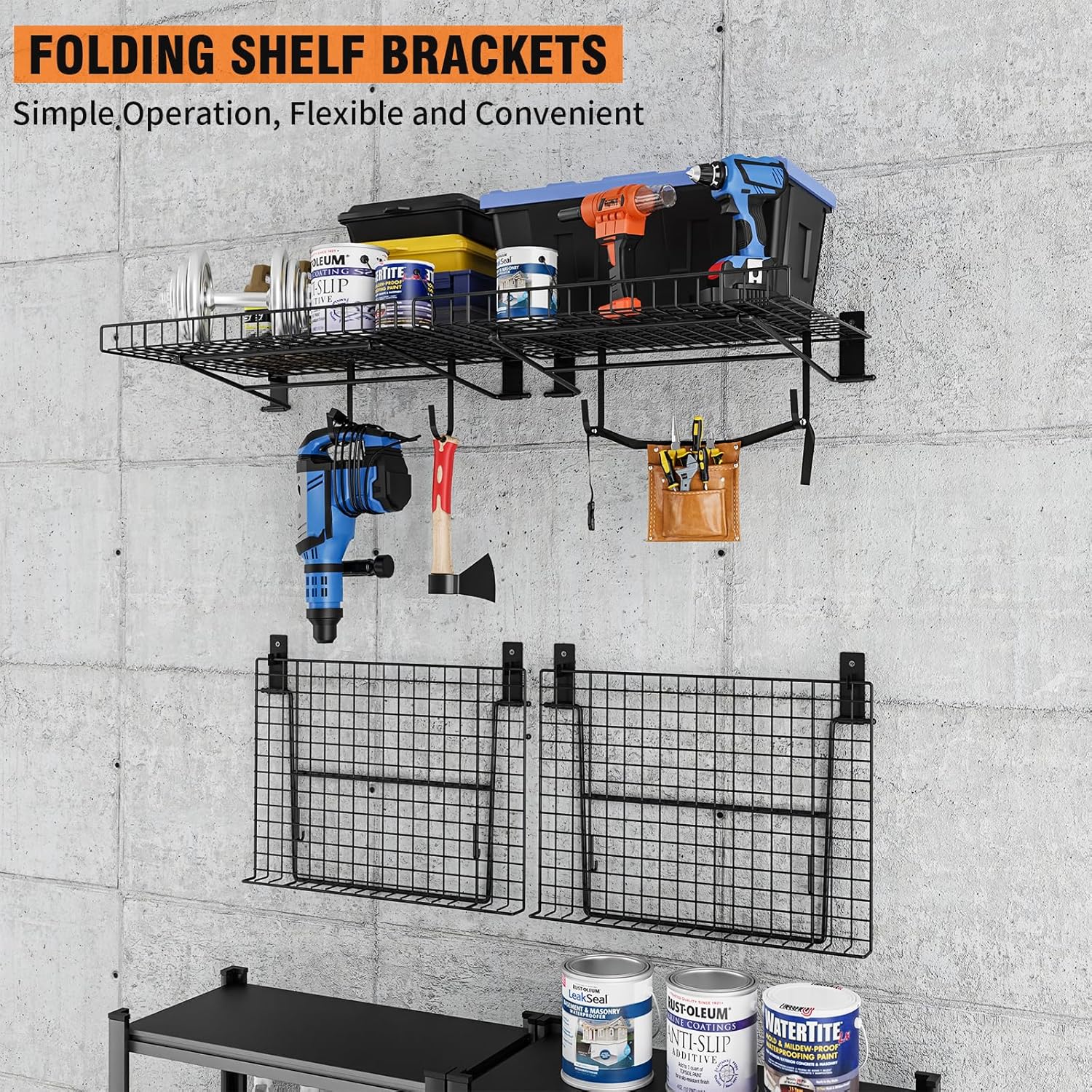 6 Pack Foldable Wall Shelf, Wall Mounted Garage Storage Shelves, Heavy Duty Wall Shelving Supports