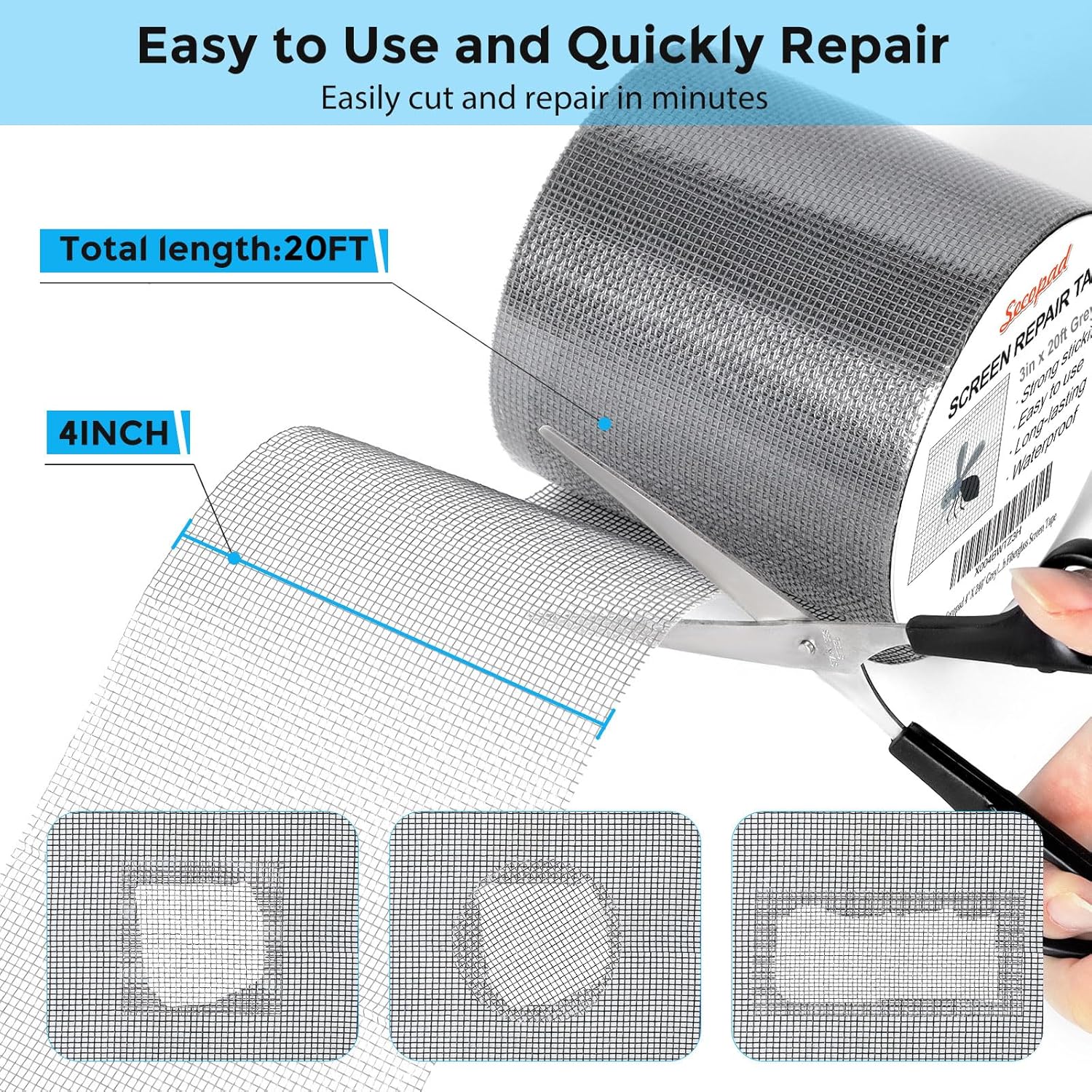 Grey Window Screen Repair Tape, 3IN X 20FT (240IN) Screen Repair Kit for Windows or Doors, Strong