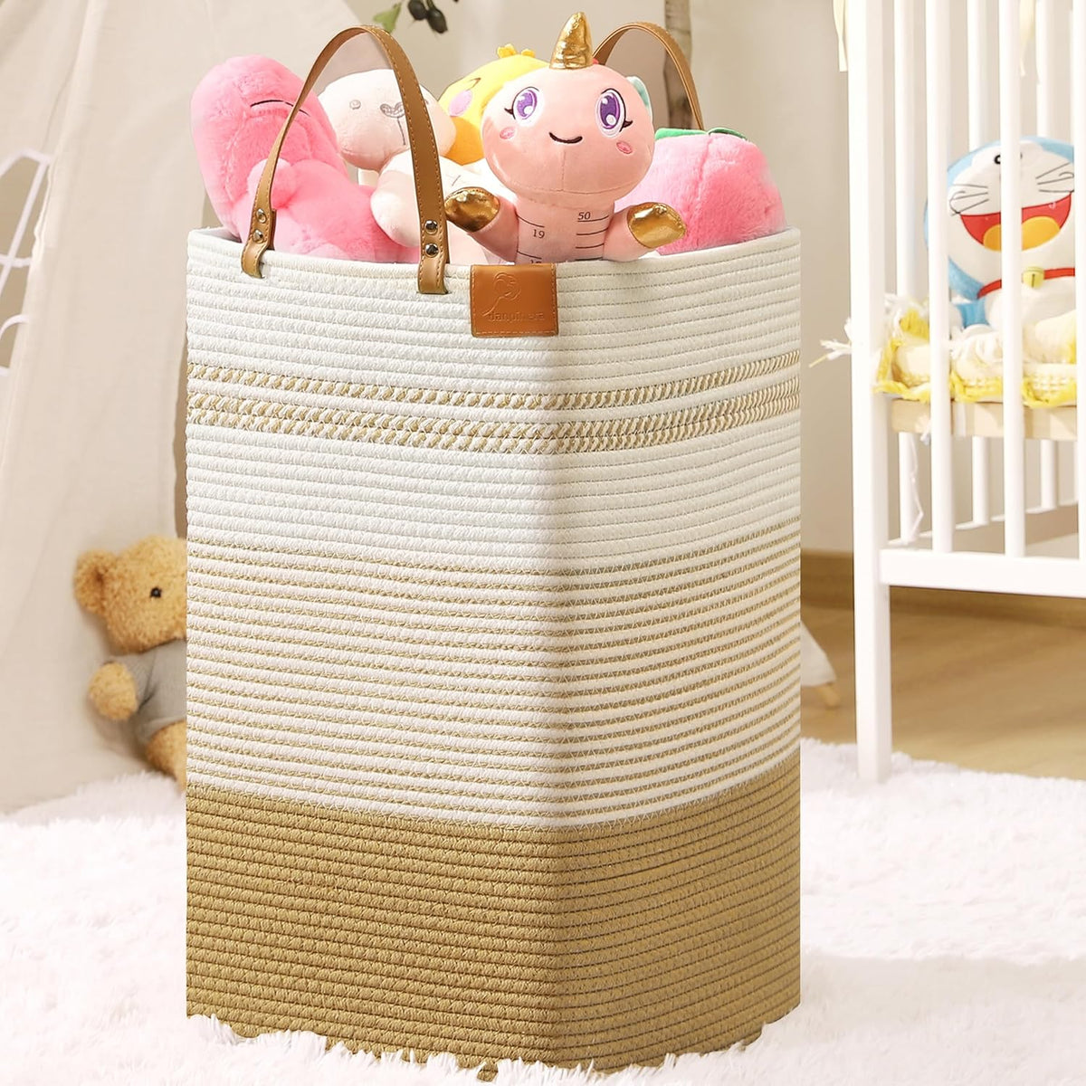danpinera 100L Nursery Hamper, Tall Woven Laundry Basket with Long Leather Handles, Boho Laundry