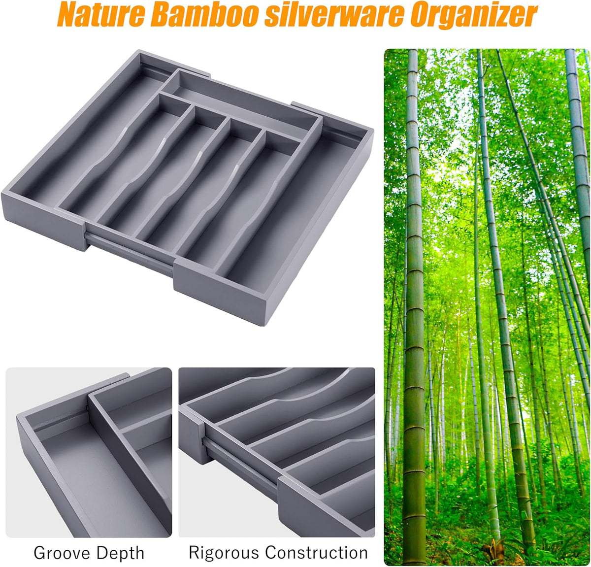 Kitchen Silverware Drawer Organizer and Storage Bamboo Wood Cooking Utensil Holder Cutlery Knife