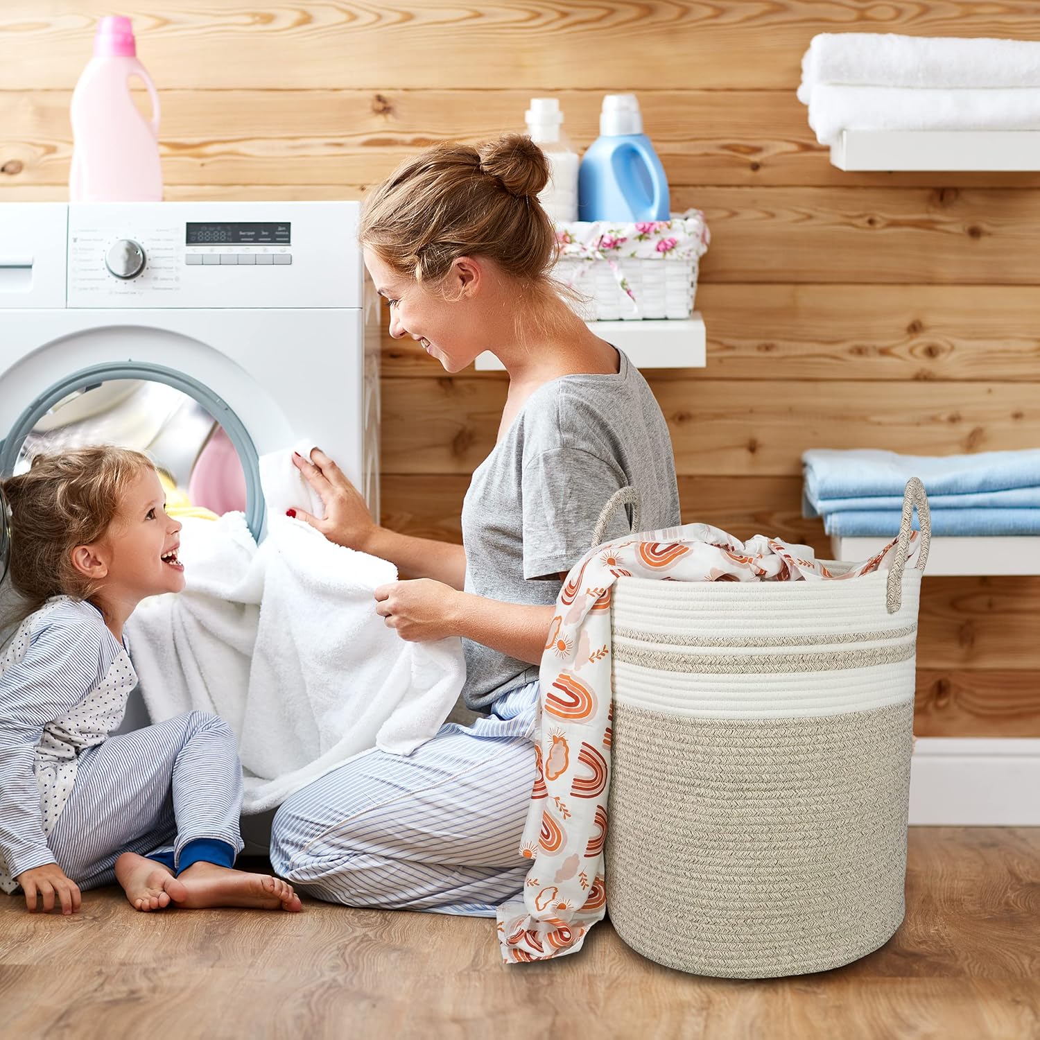 Cotton Rope Laundry Basket Hamper for Clothes Woven Storage Basket for Living Room Bedroom Boho