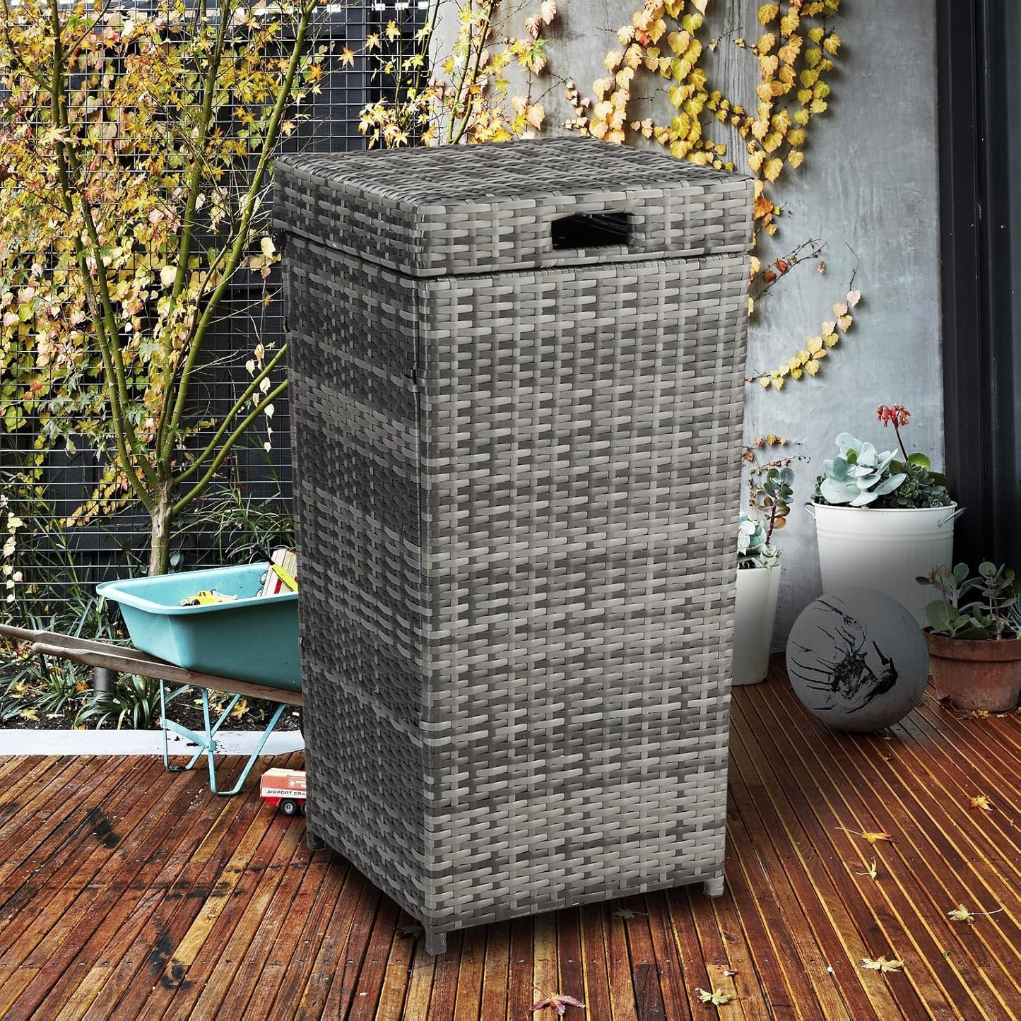 VINGLI Wicker Patio Trash Can, 27 Gallon Rattan Trash Can with Removable Lid, Outdoor Wicker Waste