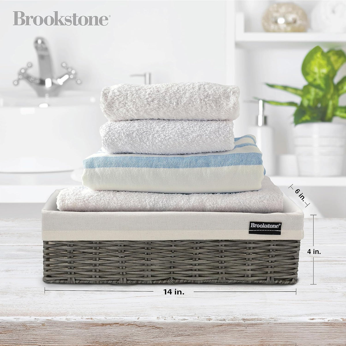 Brookstone Wicker Shelf Storage Basket Decorative Shelf Bin, bathroom organizers and storage, Boho
