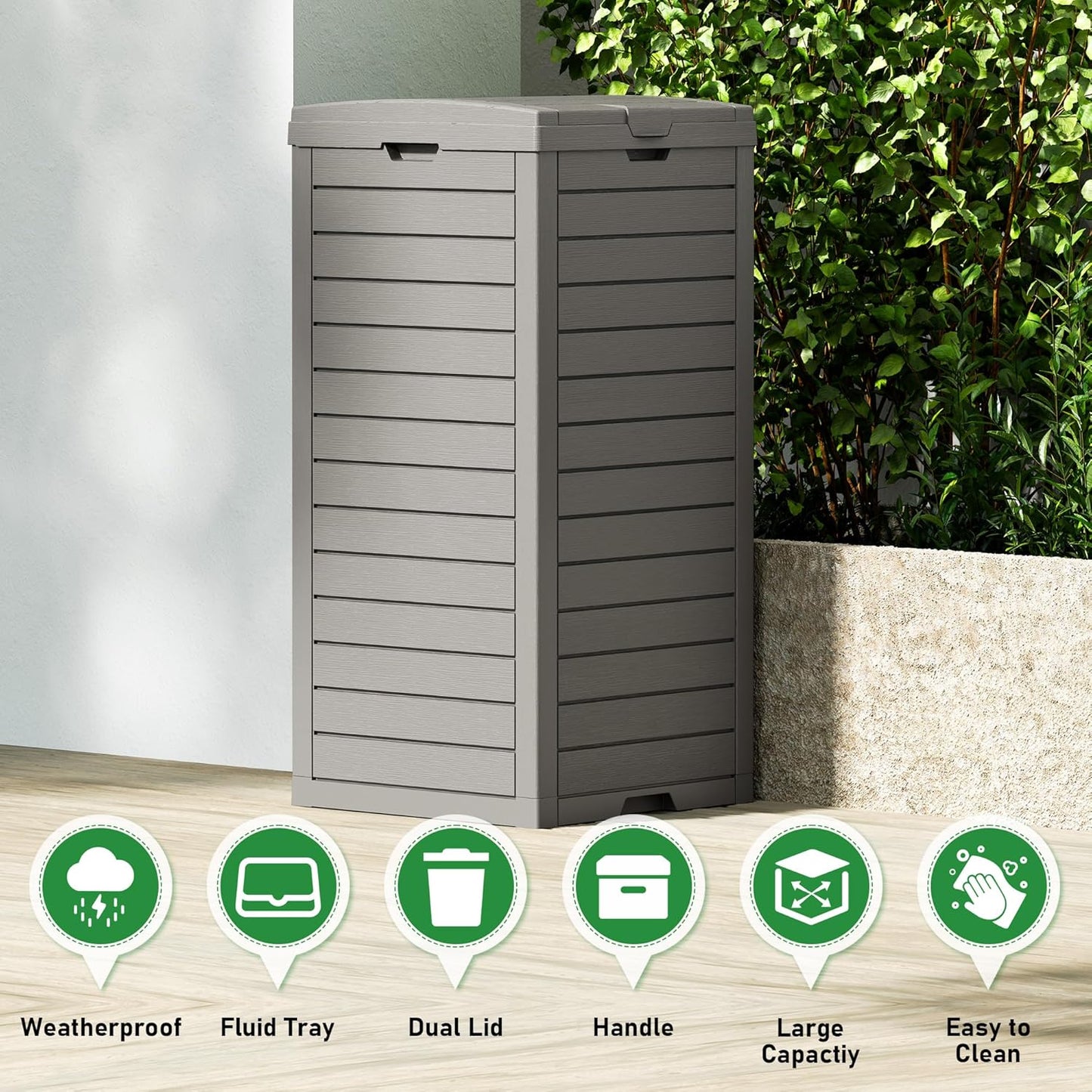 NUNU LAB 31 Gal Outdoor Trash Can with Lid - Heavy Duty Waterproof Resin, Removable Drip Tray, Fits