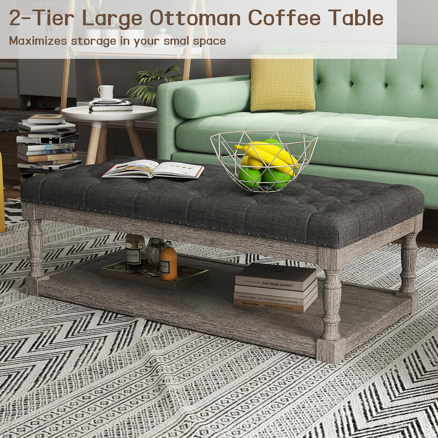 48" Large Ottoman with Storage Coffee Table, Upholstered Tufted Linen Ottoman Bench with Solid Wood