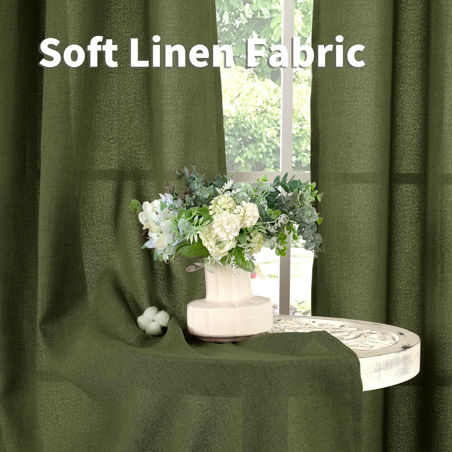 YoungsTex Olive Green Linen Curtains 78 Inch Length for Living Room, Light Filtering Semi Sheer