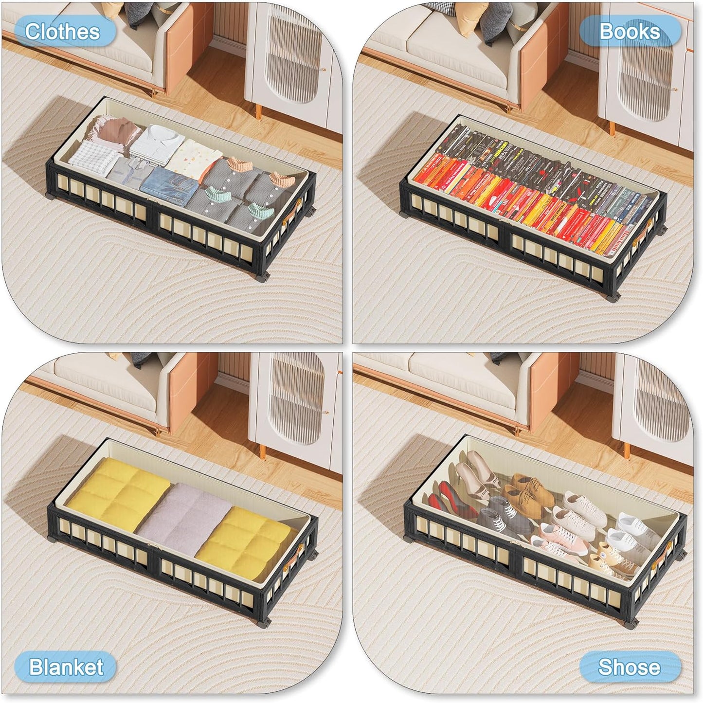 efluky 2-Pack Bamboo Under Bed Storage with Wheels, Rolling UnderBed Storage Basket with Large Dust