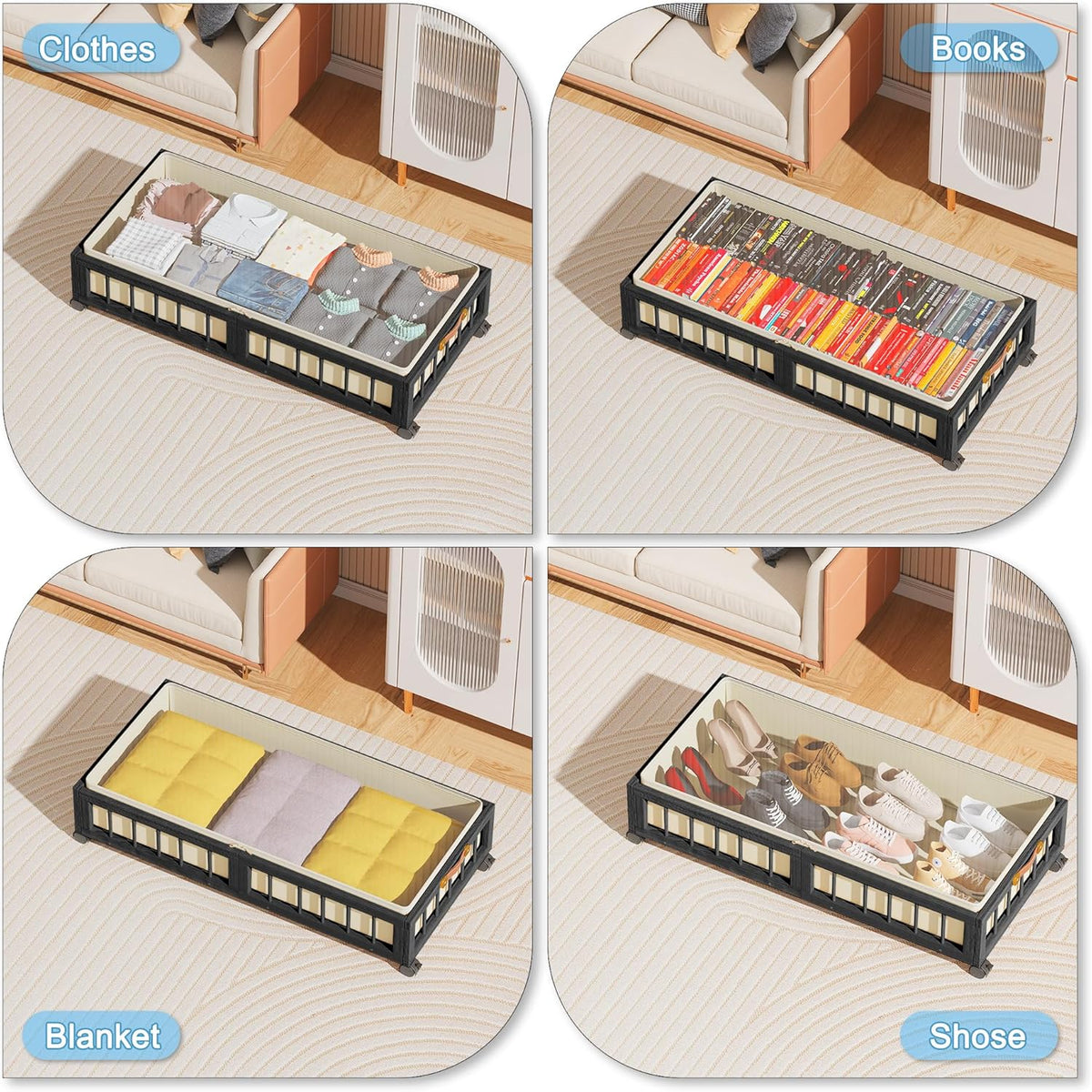 efluky 2-Pack Bamboo Under Bed Storage with Wheels, Rolling UnderBed Storage Basket with Large Dust