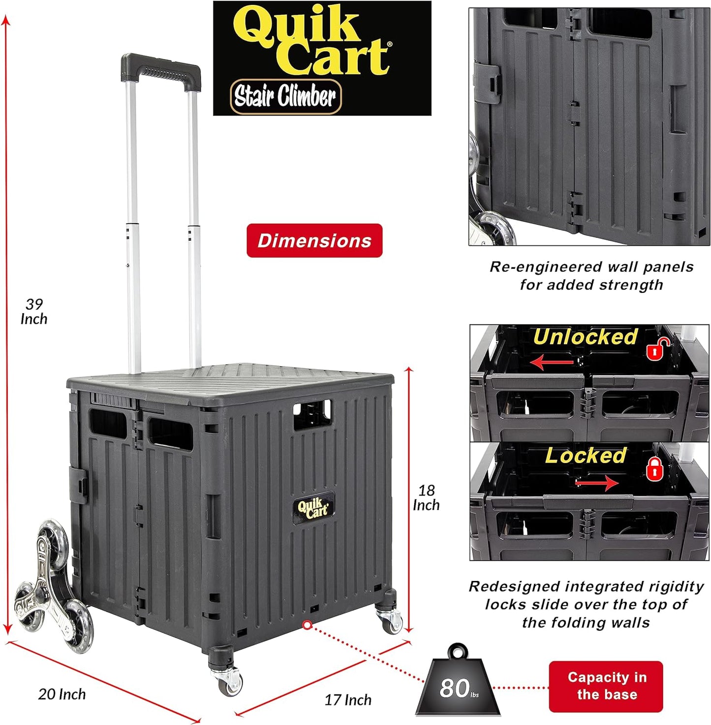 dbest products Quik Cart Stair Climber Wheeled Rolling Crate Teacher Utility with seat Heavy Duty