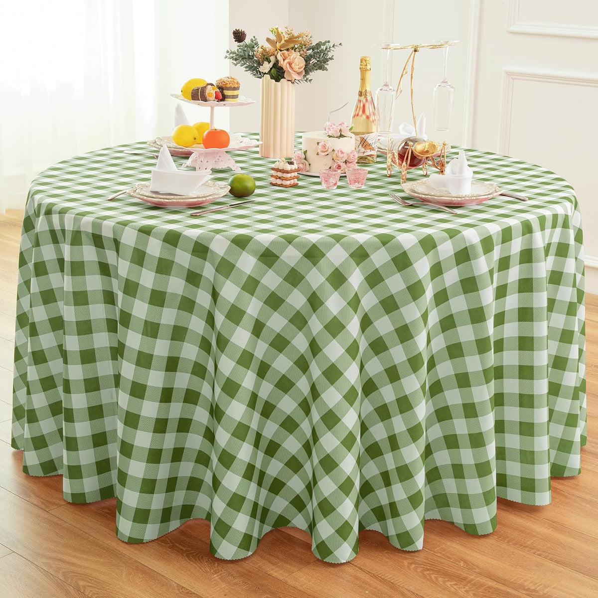 Waterproof Plaid Tablecloth Fabric - Round 120 Inch Classic Gingham Checker Table Cloth for