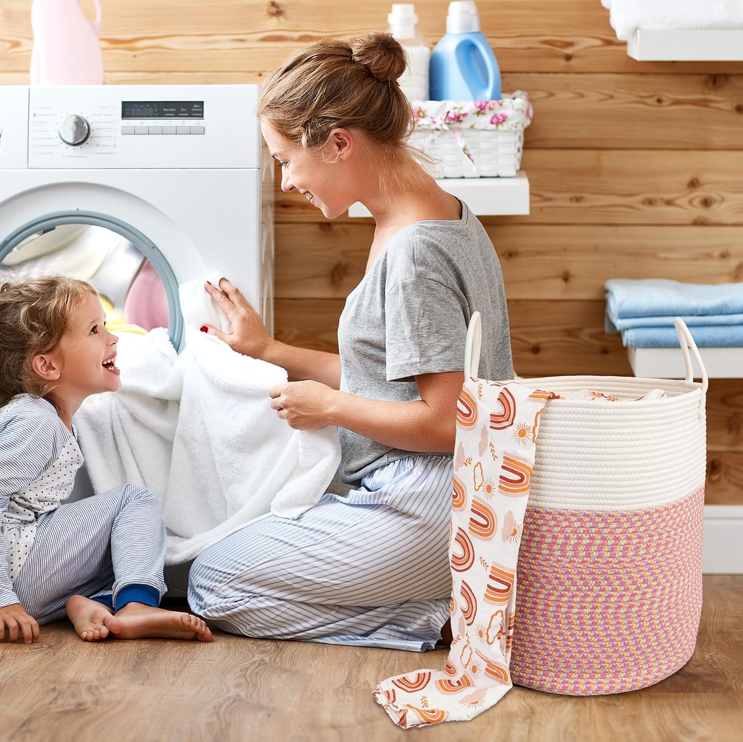 Cotton Rope Laundry Basket Hamper for Clothes Woven Storage Basket for Living Room Bedroom Boho