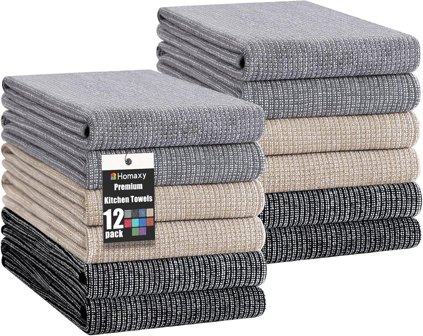 Homaxy Premium Kitchen Towels(18”x 28”, 12 Pack), Large Cotton Kitchen Hand Towels, Flat and Terry