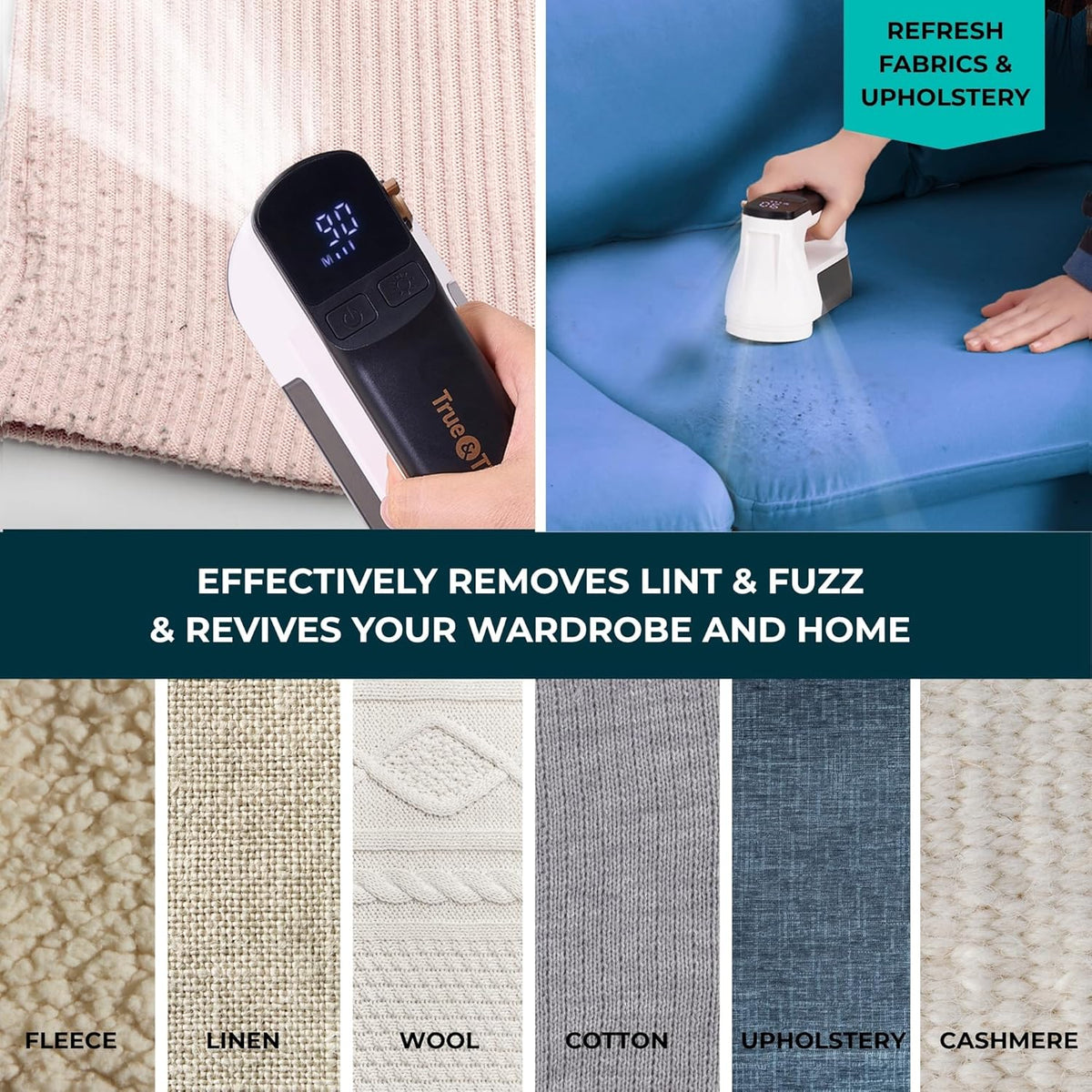 True & Tidy XL Rechargeable Fabric Shaver with Light, 6-Leaf Steel Blades, 3-Speed Motor, LED