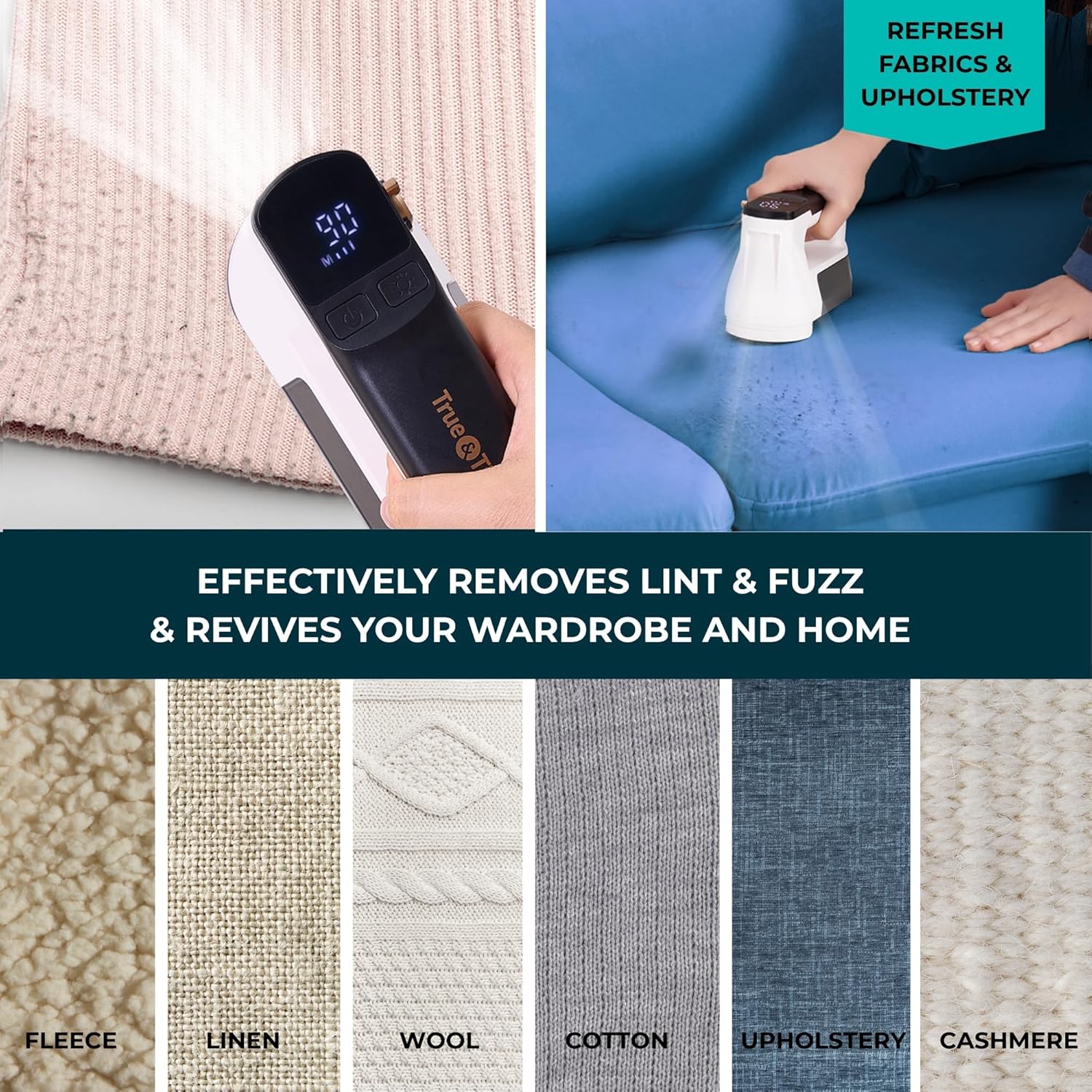 True & Tidy XL Rechargeable Fabric Shaver with Light, 6-Leaf Steel Blades, 3-Speed Motor, LED