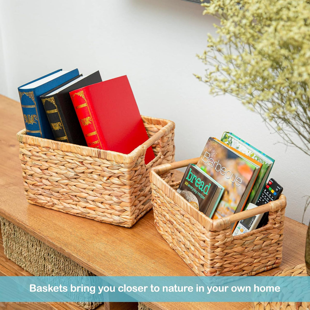 Natural Water Hyacinth storage basket with Handle, Rectangular Organizing Basket for Organizing