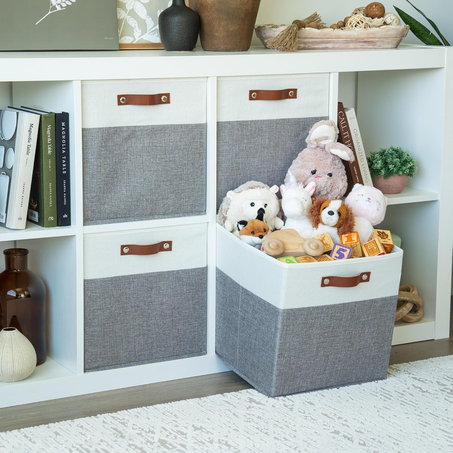 OrganiHaus 13x13 Cube Fabric Storage Bins Set of 4, Fabric Storage Cubes w/ Vegan Handles, 13 inch