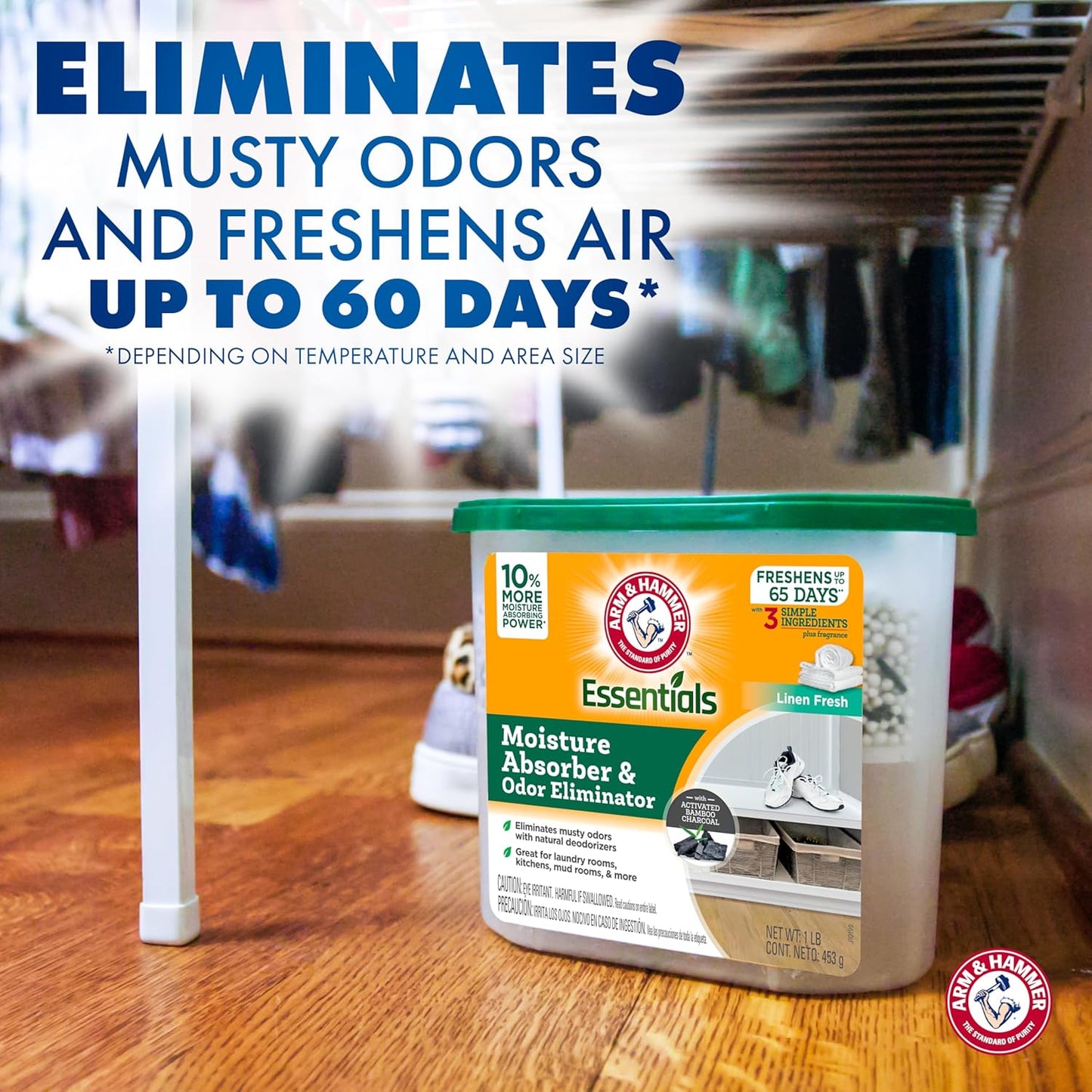 Arm & Hammer Essentials Disposable Moisture Absorber and Odor Eliminator Tub, Linen Fresh, 1 lb.