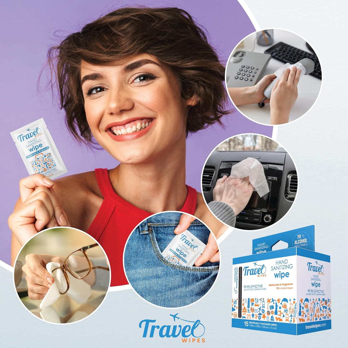 Hand Sanitizing Travel Wipes – 15ct Individually Wrapped | Fresh Citrus Scent, Moisturizing, 70%