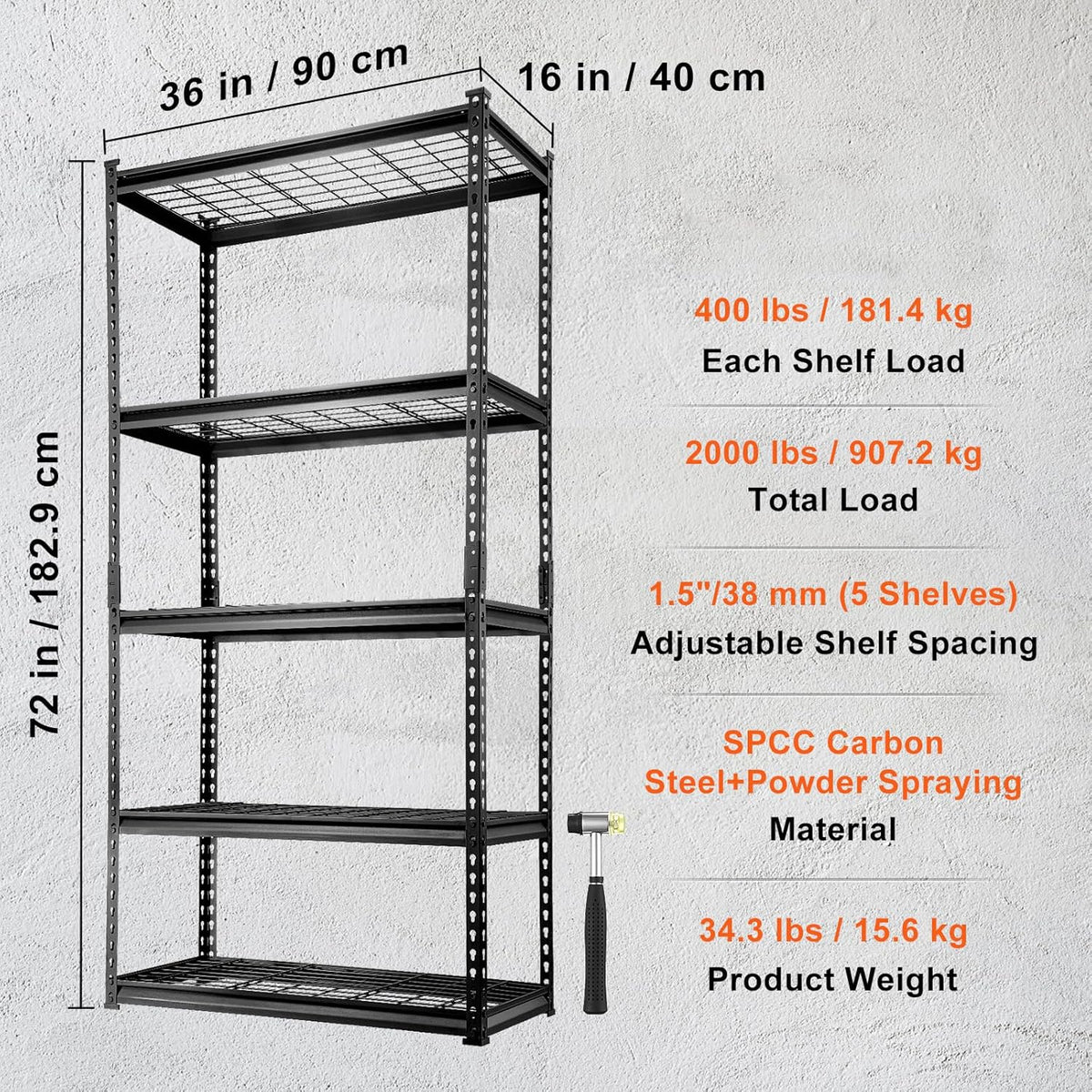 VEVOR Storage Shelving Unit, 5-Tier Adjustable, 2000 lbs Capacity, Heavy Duty Garage Shelves Metal
