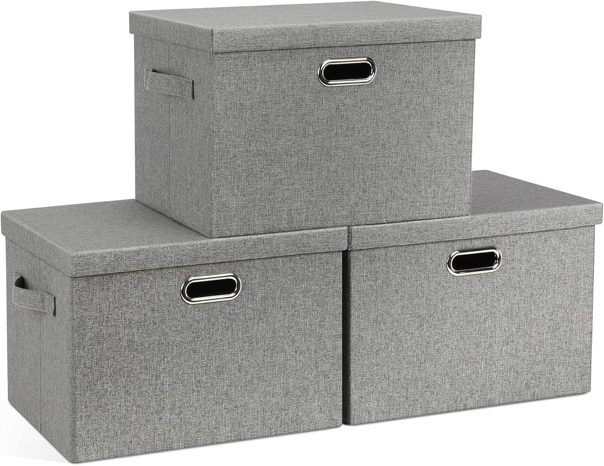 Large 17" 36 Quart Collapsible Stackable Storage Bins with Lids, 3 Packs Grey Linen Fabric Closet