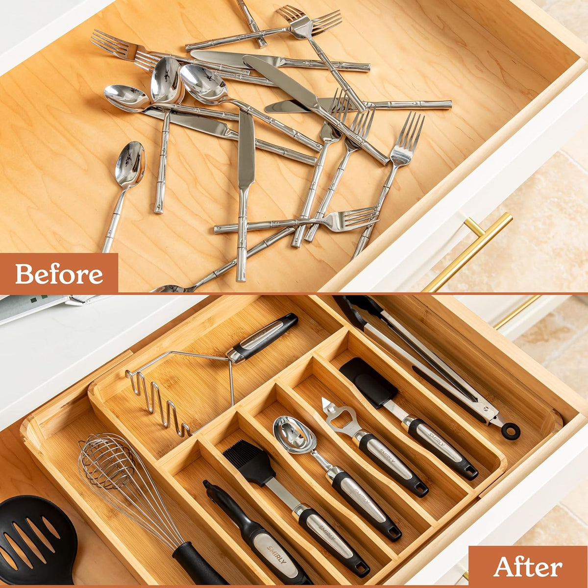 SMIRLY Silverware Drawer Organizer – Bamboo Kitchen Drawer Organizer, Adjustable Utensil Holder and